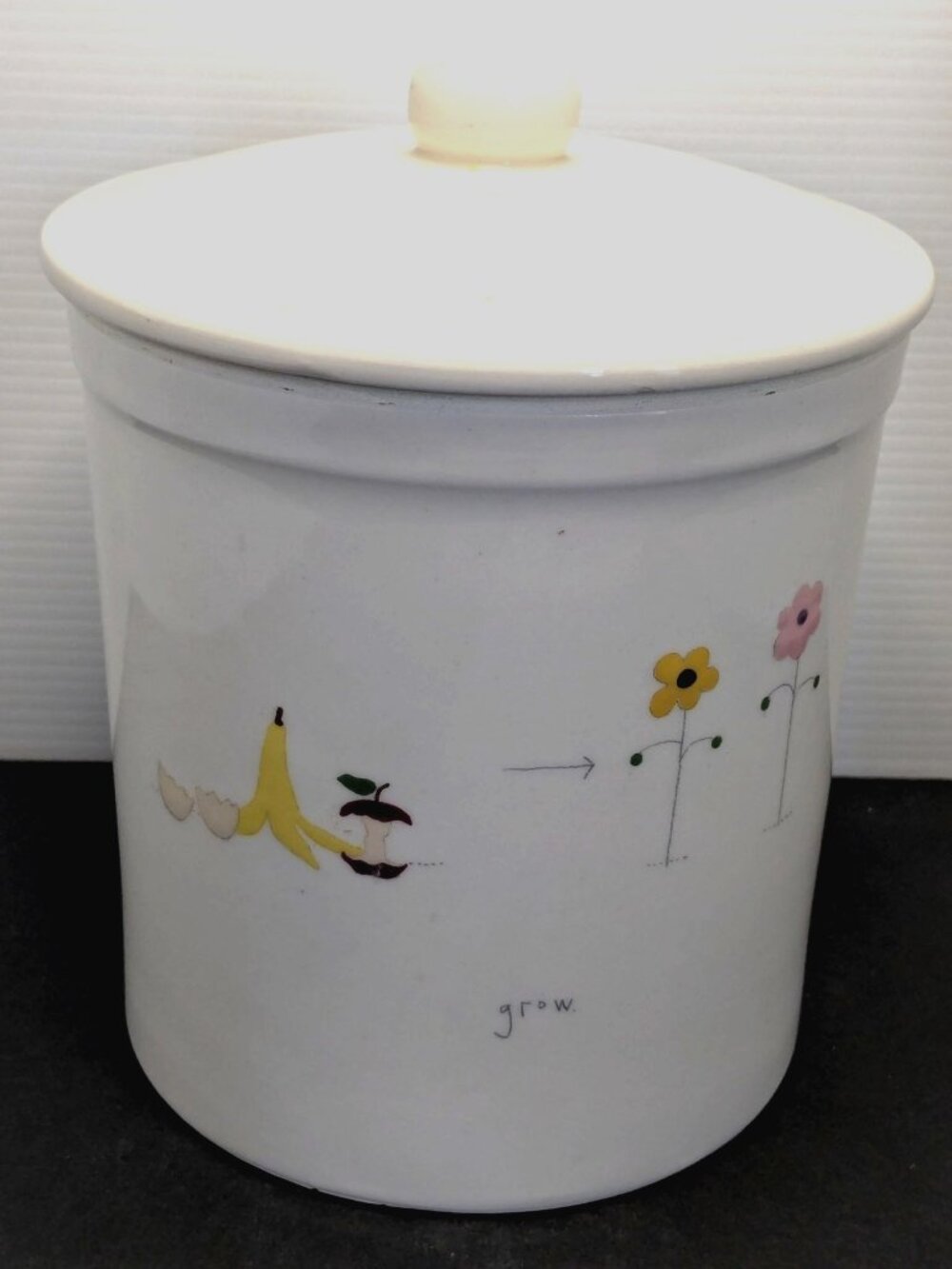 Beth Mueller Pottery White Ceramic Compost Bin With Lid & Hand-Painted "Grow"